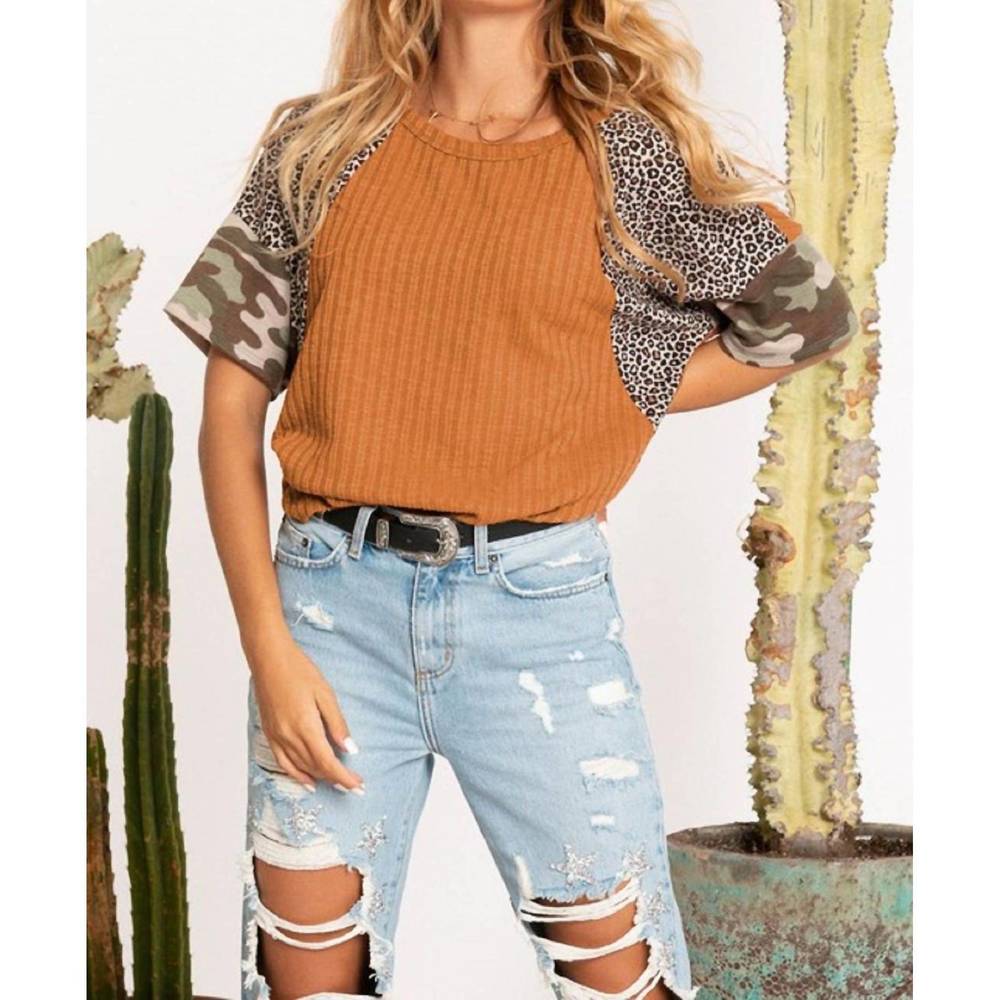 NEW BLUE BUTTERCUP camo leopard print block top in rust